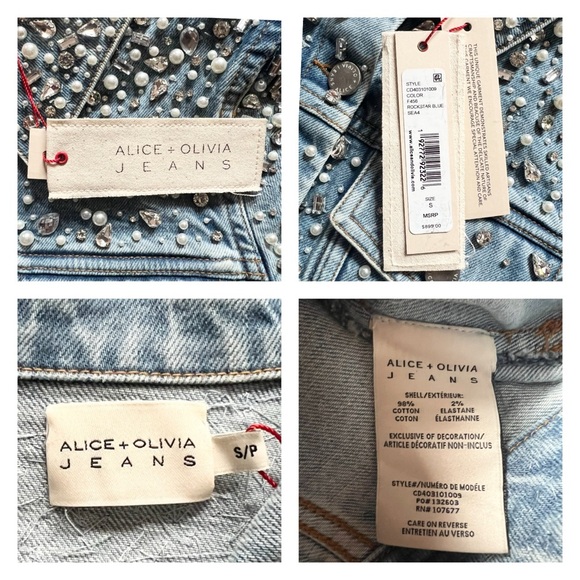 New! Alice & Olivia Nelson Crystal & Pearl Embellished Denim Jacket - Picture 12 of 12